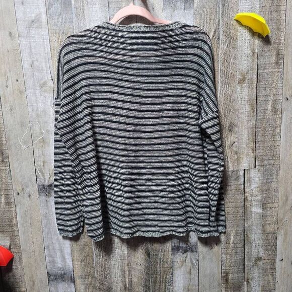 Eileen Fisher Grey and Black Stripe Linen Wool Blend Knit Sweater - Picture 2 of 4